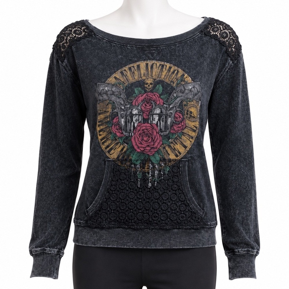 Y2K Affliction Long Sleeve Graphic Skull Roses Burnout Thermal Womens Medium Top